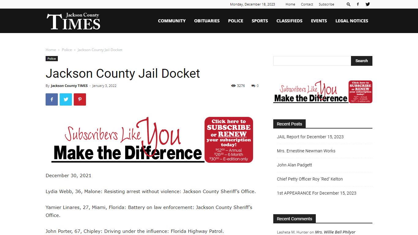 Jackson County Jail Docket | Jackson County Times