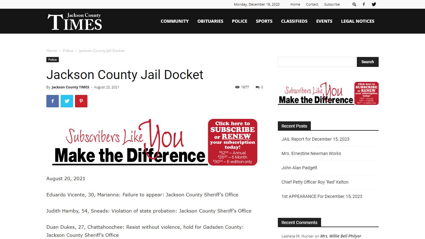 Jackson County Jail Docket | Jackson County Times